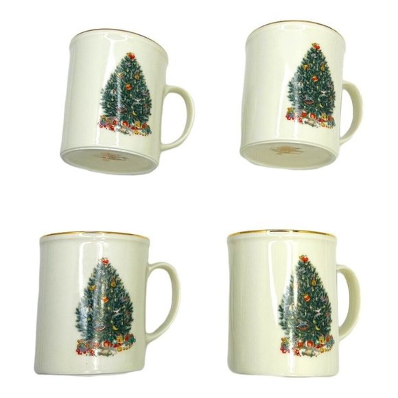 Set Of 4 Royal Gallery 6377 Christmas Tree Coffee Mugs Cups Gold Trim Vintage - Picture 1 of 11